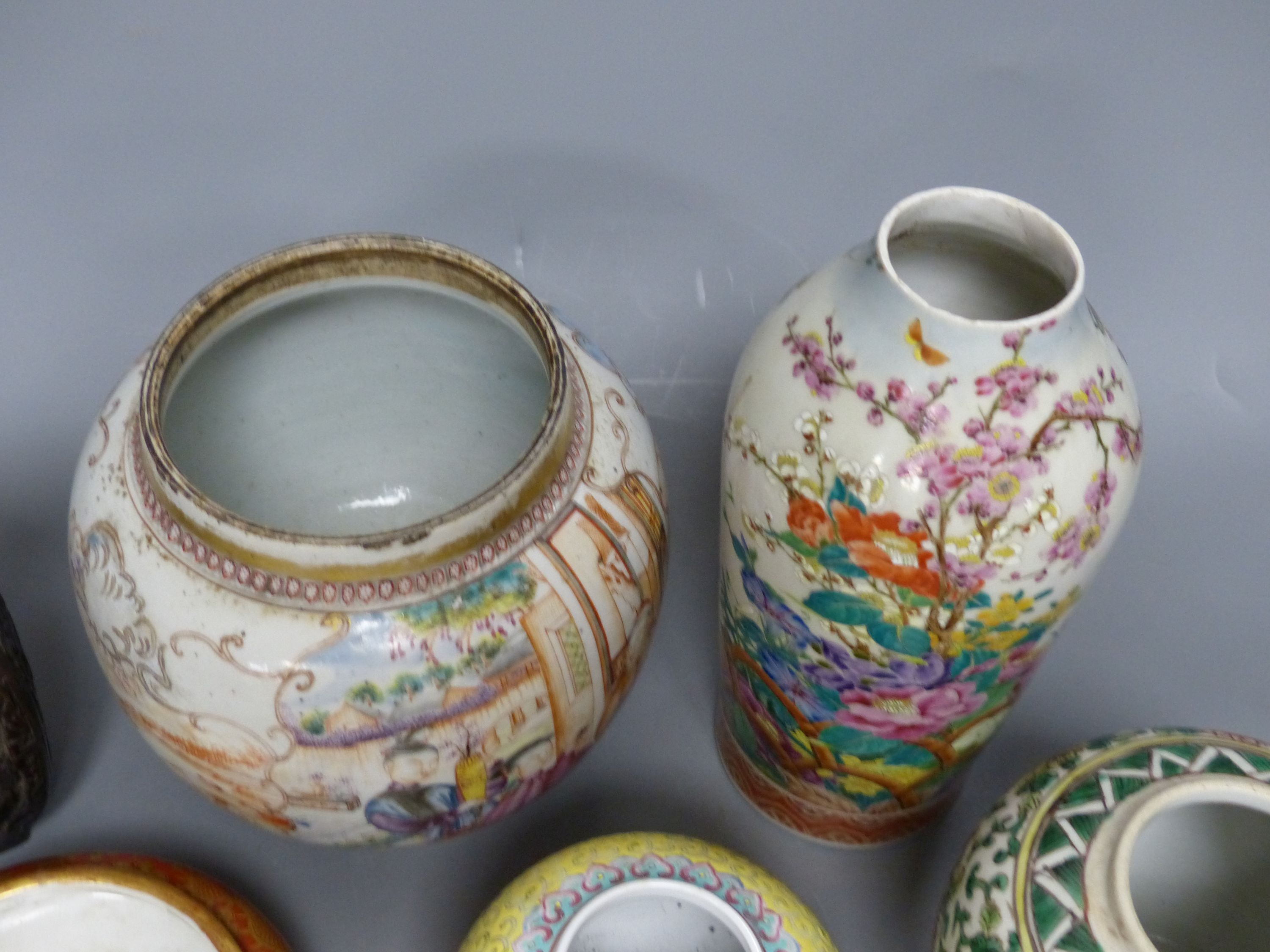A group of mixed Chinese/Japanese ceramics to include three various jars, a vase, a censer and a lacquer jug, tallest 23cm